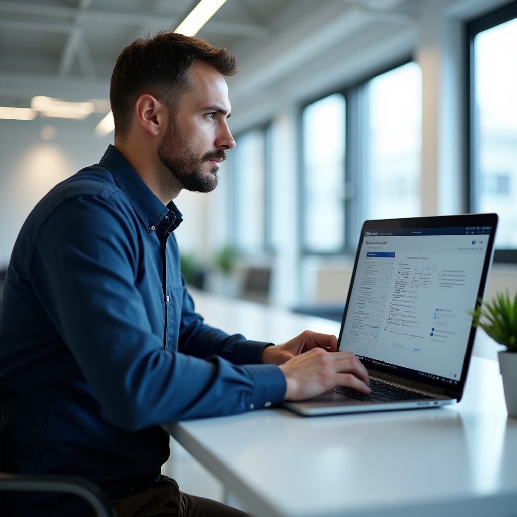 Specialist configurând software de facturare pe laptop