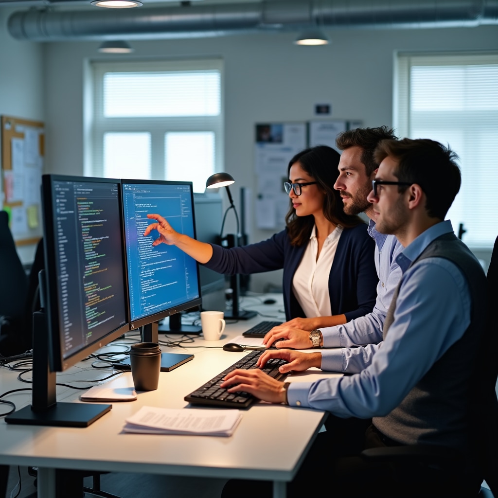Echipă tehnică lucrând la implementare software